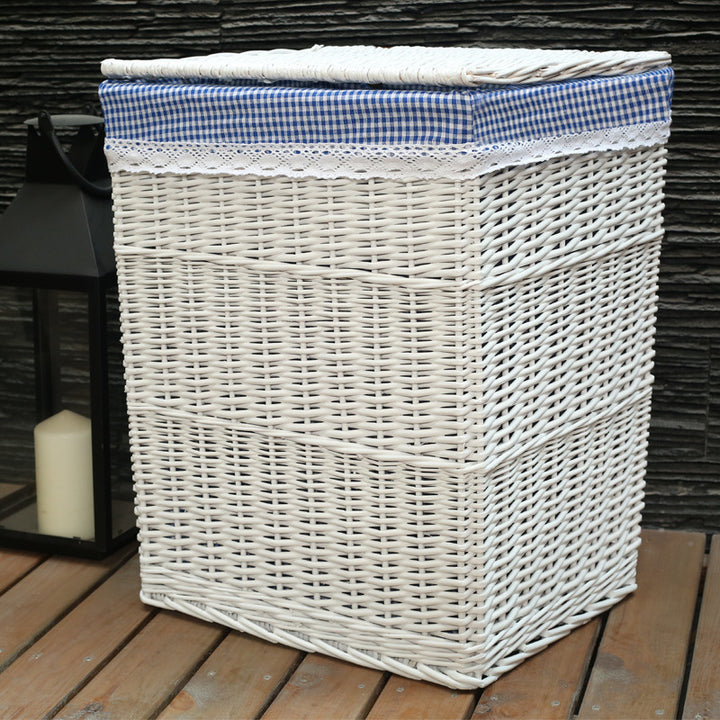 Ladies laundry basket with checked fabric cover and elegant lace trim Bowlift