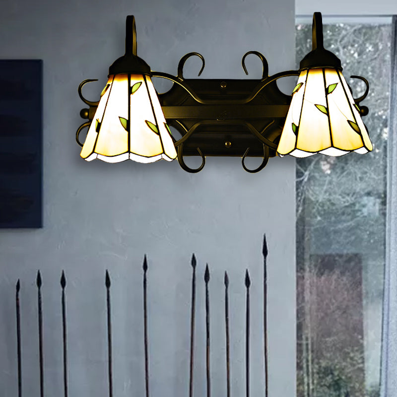 BowLift | 2 Light Cone Wall Lamp Woven Glass Lodge Style Bathroom Vanity Light in Beige