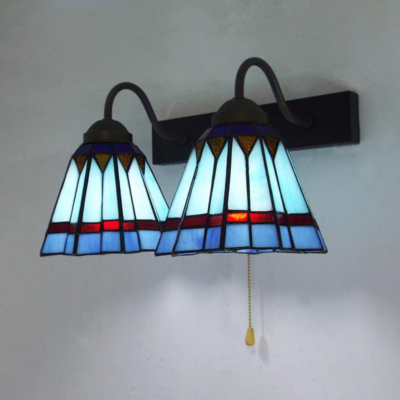 BowLift | Mediterranean Cone Wall Lamp 2 Heads Blue Glass Wall Mount Light with Pull Switch