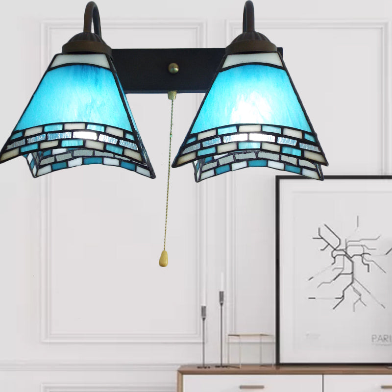 BowLift | Mediterranean Pyramid Wall-mounted Light 2 Heads Blue Glass Wall Lamp with Pull Switch