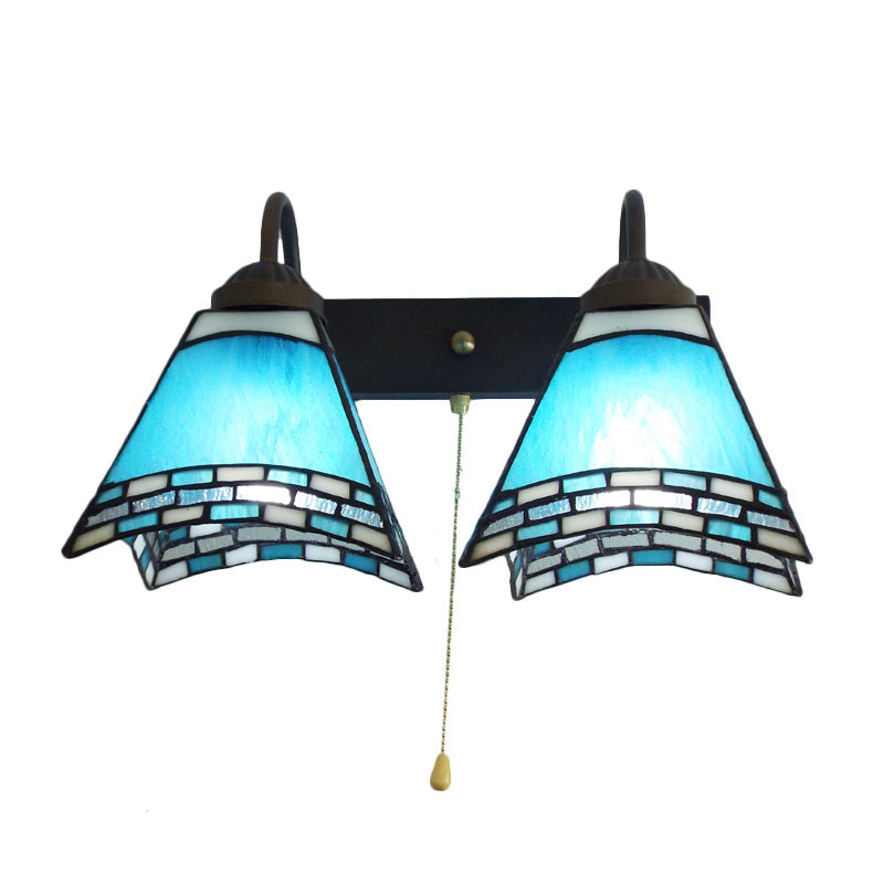 BowLift | Mediterranean Pyramid Wall-mounted Light 2 Heads Blue Glass Wall Lamp with Pull Switch