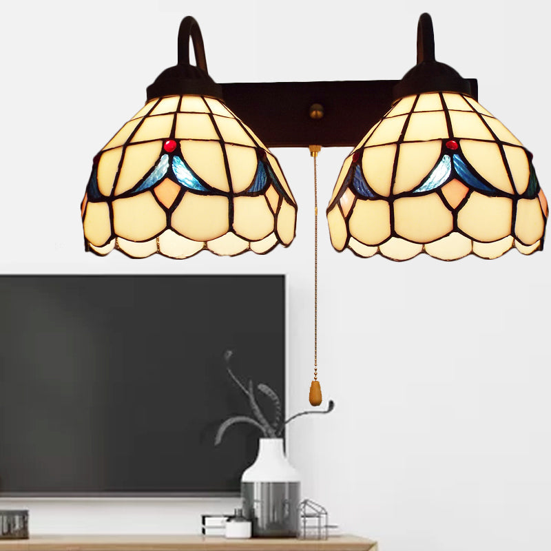 BowLift | 2 Heads Dome Wall Light Tiffany Black 2 Heads Beige Glass Wall Mount Light with Pull Chain