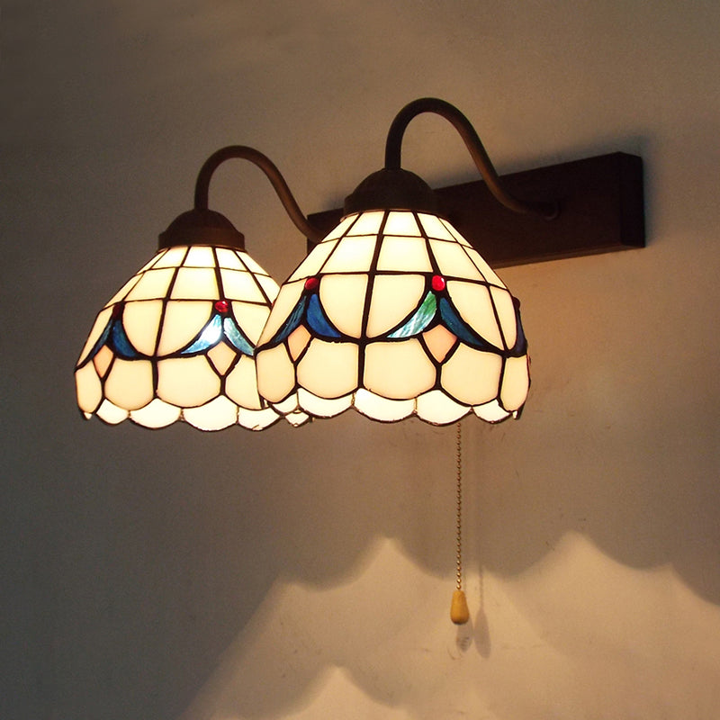 BowLift | 2 Heads Dome Wall Light Tiffany Black 2 Heads Beige Glass Wall Mount Light with Pull Chain