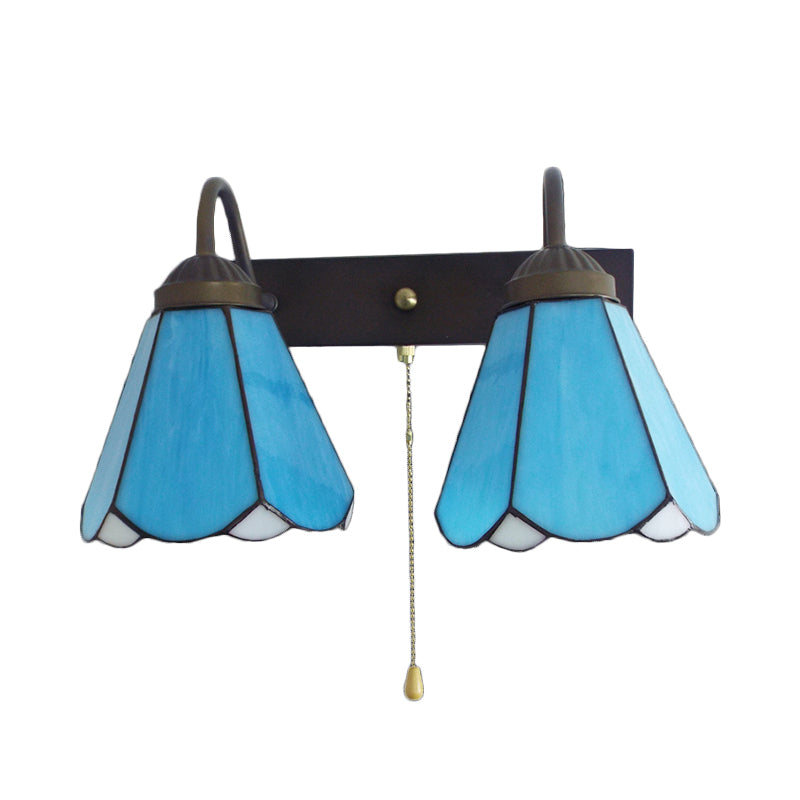 BowLift | Blue Glass Cone Wall Light Mediterranean 2 Heads Black Wall Lamp with Pull Switch