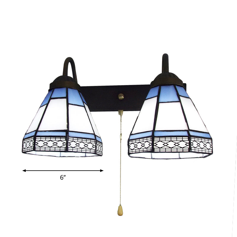 BowLift | 2 Heads Wall Mounted Light Tiffany Cone Shaped White Glass Wall Light with Pull Chain