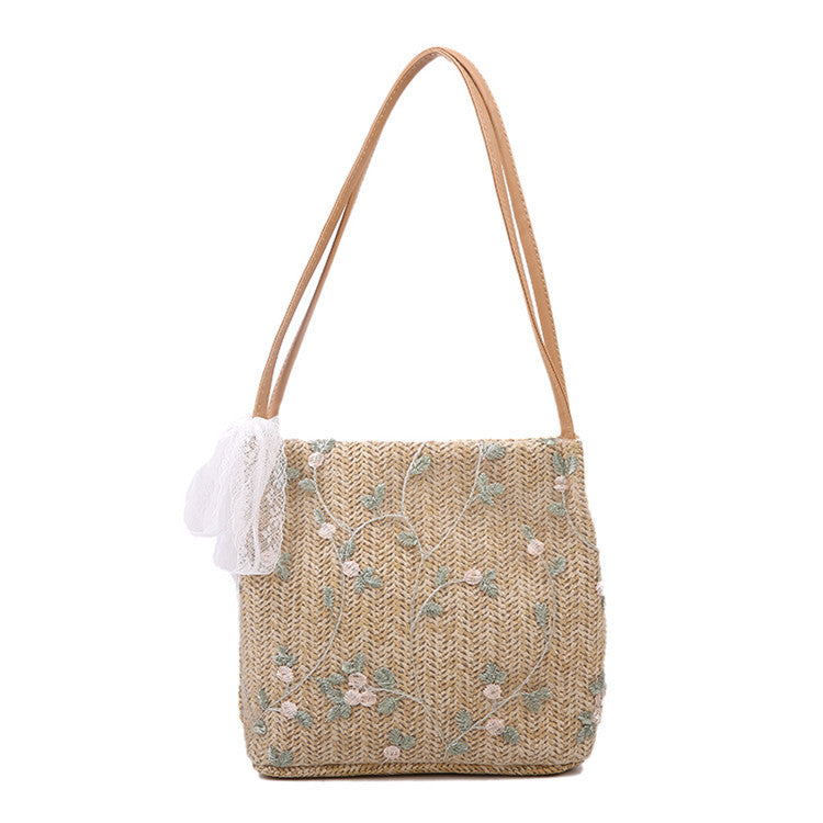 Embroidered Straw Tote Bag