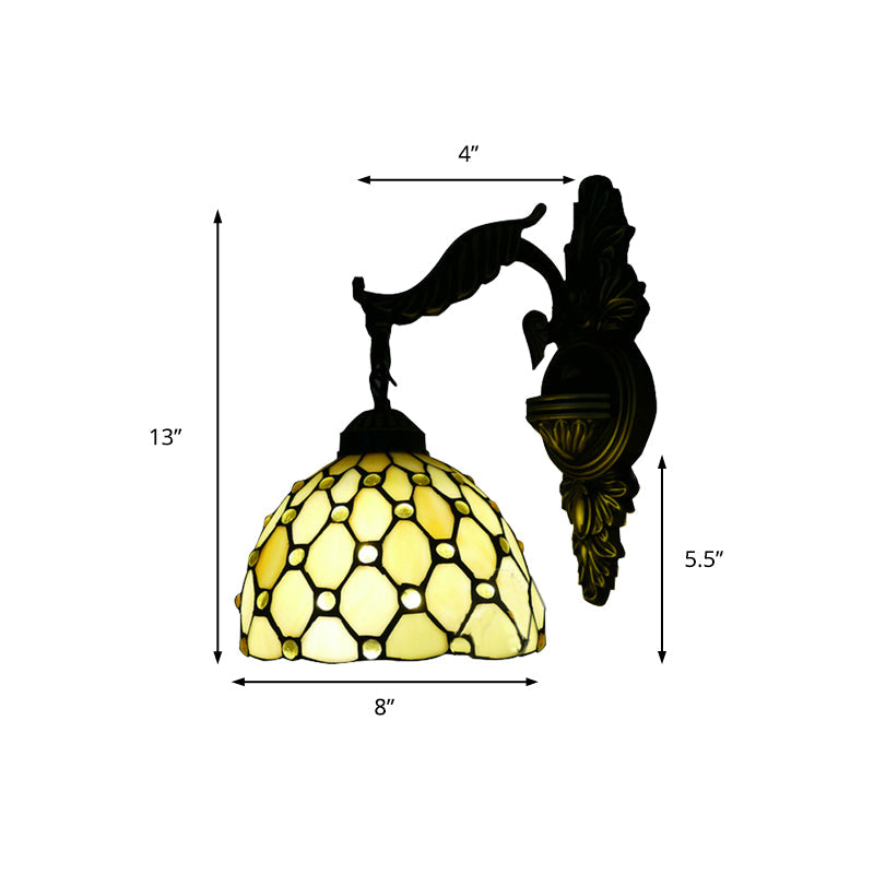 BowLift | Beige Lattice Dome Wall Lamp with Engraved Arm 1 Main Tiffany Traditional Glass Wall Lamp for Corridor