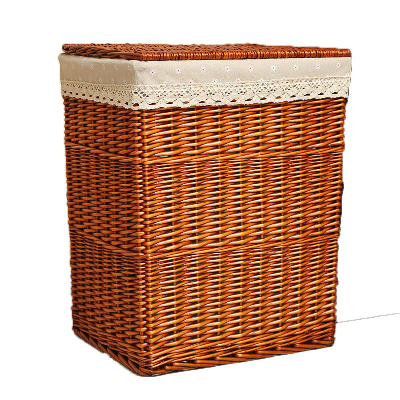 Ladies laundry basket with checked fabric cover and elegant lace trim Bowlift