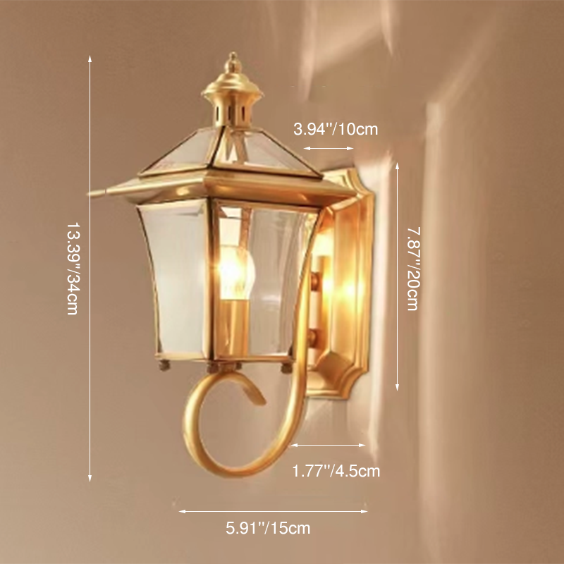 Traditional European Quadrangle Candle Holder Copper Frame Glass Shade 1-Light Wall Sconce Lamp For Garden | Bowlift