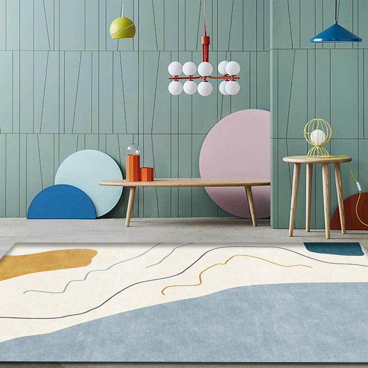 BowLift | Modernist Abstract Rug Blue and Beige Polyester Rug Non-Slip Bottom Washable Pet Friendly Area Rug for Home