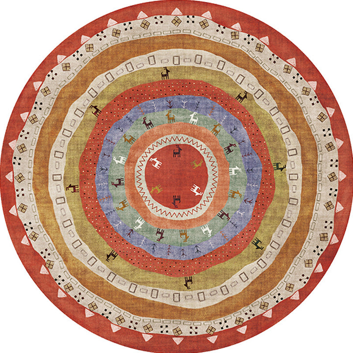 BowLift | Retro Tribal Circles Pattern Carpet Yellow and Red Polyester Carpet Washable Pet Friendly Non-Slip Carpet for the Living Room