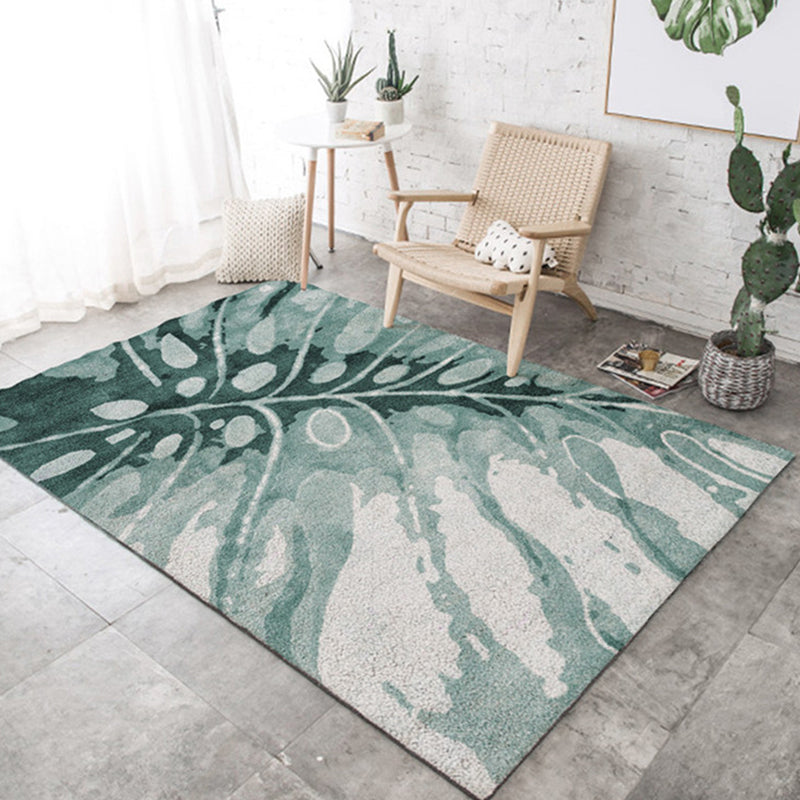New Leaf Pattern Rug Green and Gray Polyester Rug Washable Pet-Friendly Non-Slip Rug for the Living Room | Bowlift