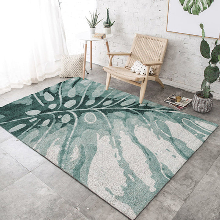 New Leaf Pattern Rug Green and Gray Polyester Rug Washable Pet-Friendly Non-Slip Rug for the Living Room | Bowlift