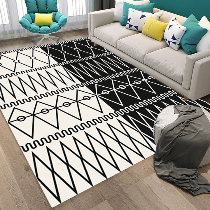BowLift | Retro geometric pattern rug black and white southwest rug polyester pet friendly non-slip backing washable rug for living room