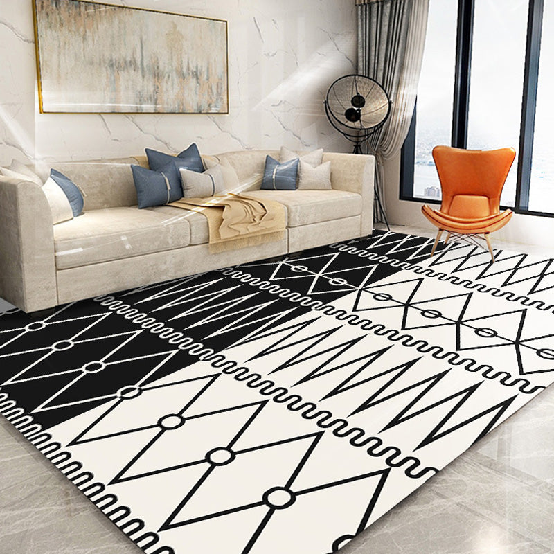 BowLift | Retro geometric pattern rug black and white southwest rug polyester pet friendly non-slip backing washable rug for living room