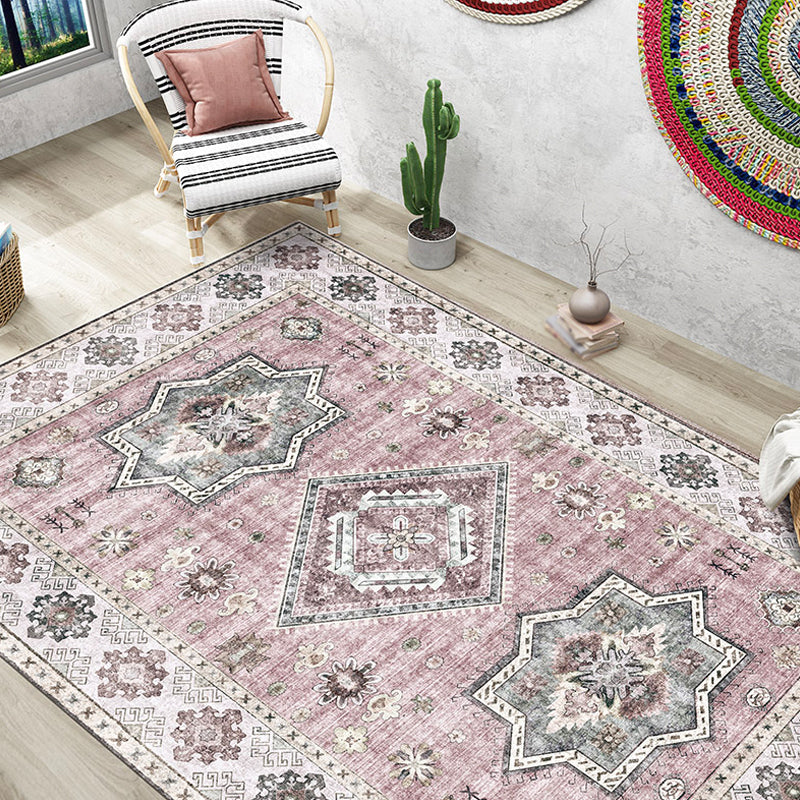 BowLift | Retro Tribal Flower Pattern Rug Pink and Gray Polyester Rug Washable Pet-Friendly Non-Slip Rug for Living Room