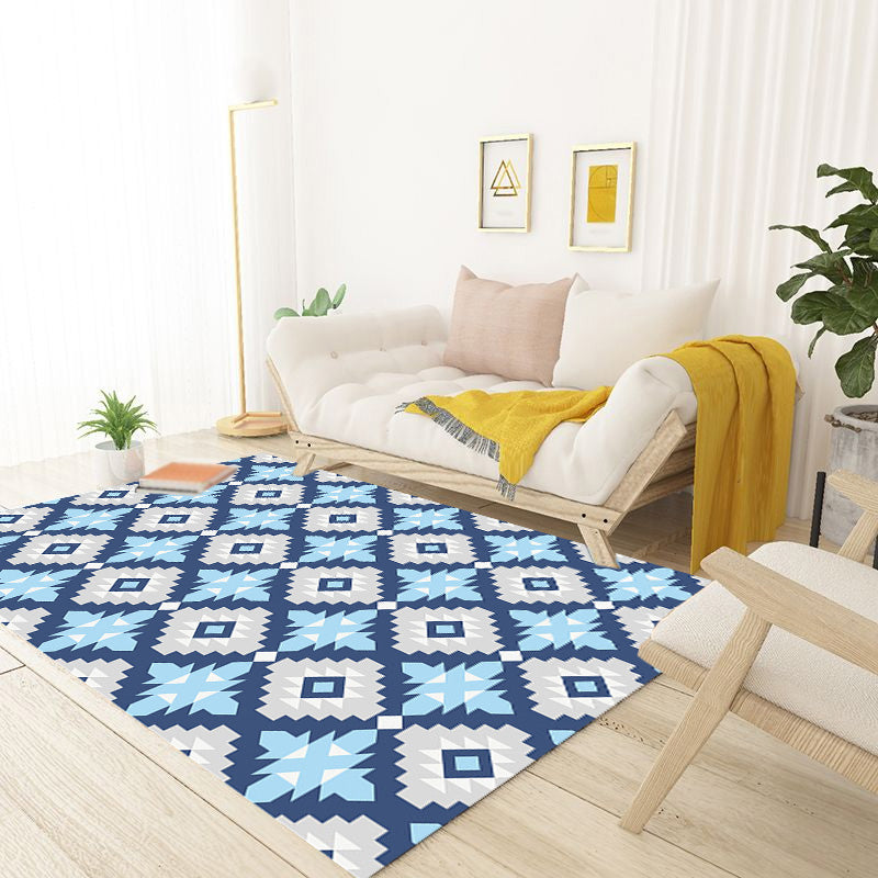BowLift | Retro-geometric floral pattern rug blue and green southwest rug polyester pet-friendly non-slip back washable area rug for living room