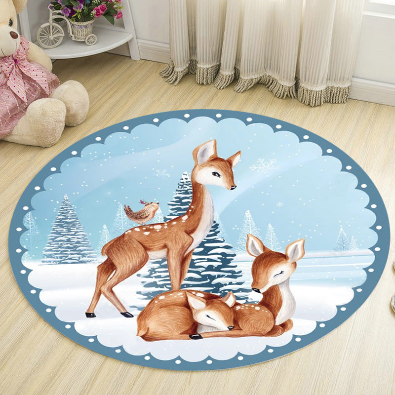 BowLift | Kids Deer Pattern Carpet with Flowers White and Blue Polyester Carpet Non-Slip Backing Washable Pet-Friendly Carpet for the Bedroom