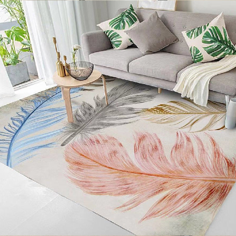 Scandinavian feather pattern rug multi-colored polyester rug washable pet-friendly non-slip rug for the living room | Bowlift