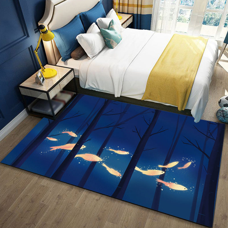 BowLift | Children's Ocean Pattern Rug with Fish Blue Polyester Rug Non-Slip Back Washable Pet-Friendly Rug for the Bedroom
