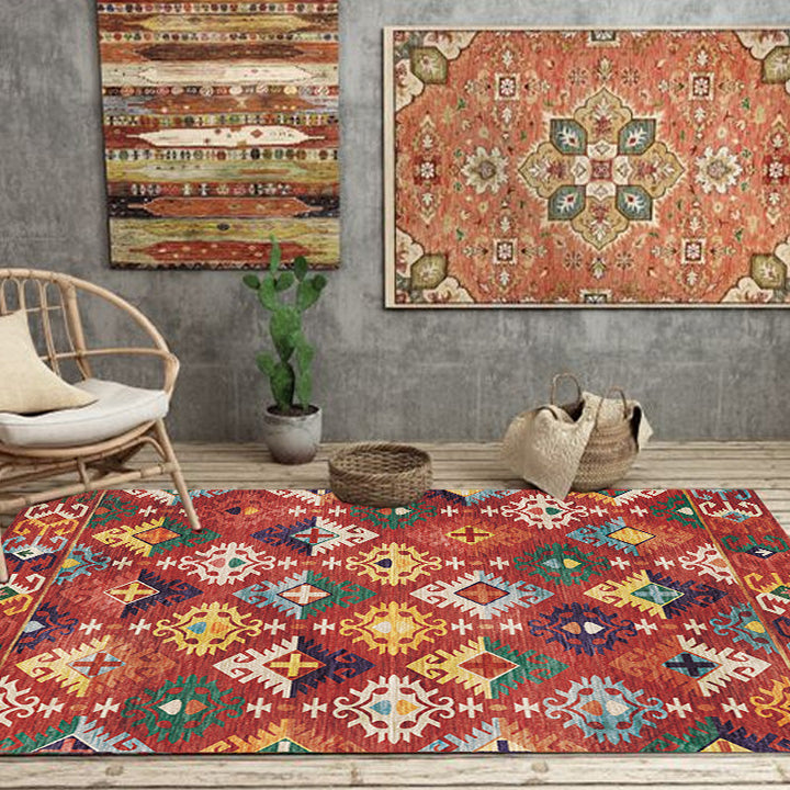 BowLift | Stylish geometric pattern rug with flowers white and red Moroccan rug polyester pet-friendly non-slip back washable area rug for living room