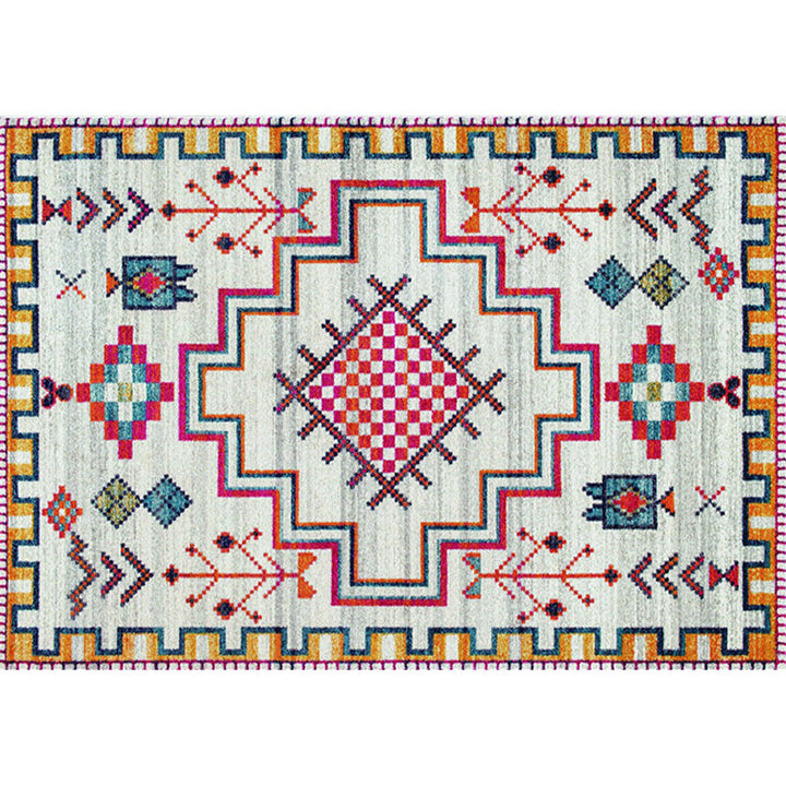 BowLift | Stylish geometric pattern rug with flowers white and red Moroccan rug polyester pet-friendly non-slip back washable area rug for living room