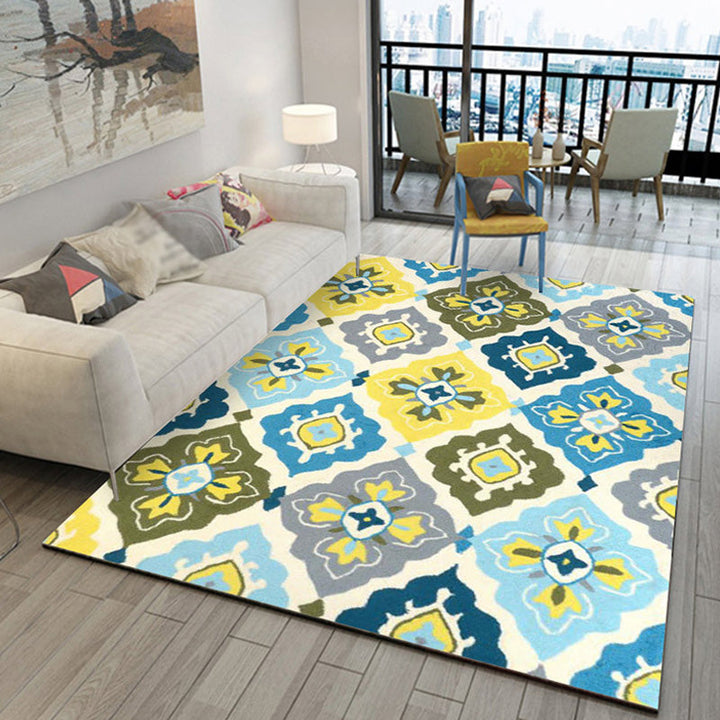 Retro Azulejo Pattern Carpet Multicolored Polyester Carpet Washable Pet-friendly Non-slip Carpet for the Living Room | Bowlift