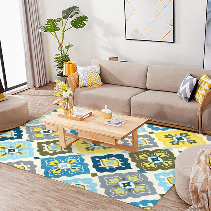 Retro Azulejo Pattern Carpet Multicolored Polyester Carpet Washable Pet-friendly Non-slip Carpet for the Living Room | Bowlift