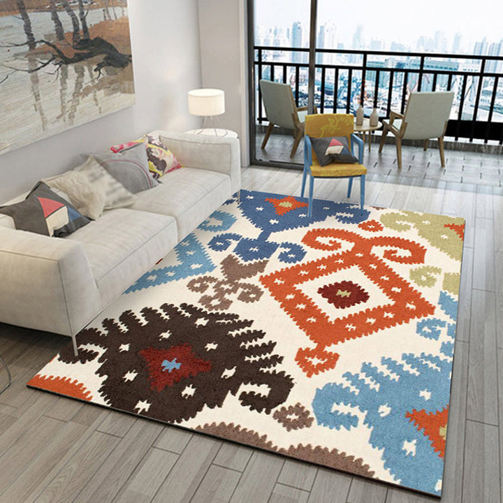 Retro Azulejo Pattern Carpet Multicolored Polyester Carpet Washable Pet-friendly Non-slip Carpet for the Living Room | Bowlift