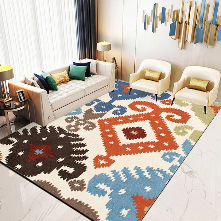 Retro Azulejo Pattern Carpet Multicolored Polyester Carpet Washable Pet-friendly Non-slip Carpet for the Living Room | Bowlift