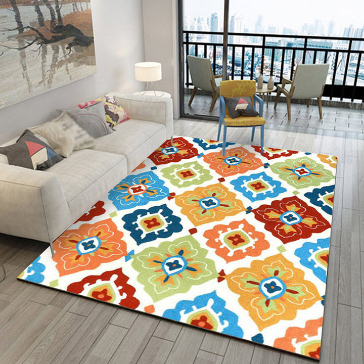 Retro Azulejo Pattern Carpet Multicolored Polyester Carpet Washable Pet-friendly Non-slip Carpet for the Living Room | Bowlift