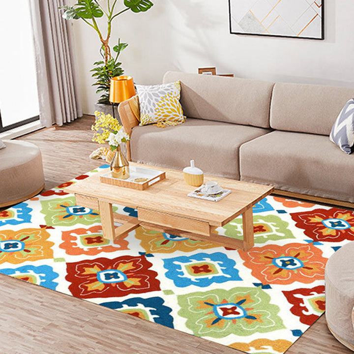 Retro Azulejo Pattern Carpet Multicolored Polyester Carpet Washable Pet-friendly Non-slip Carpet for the Living Room | Bowlift