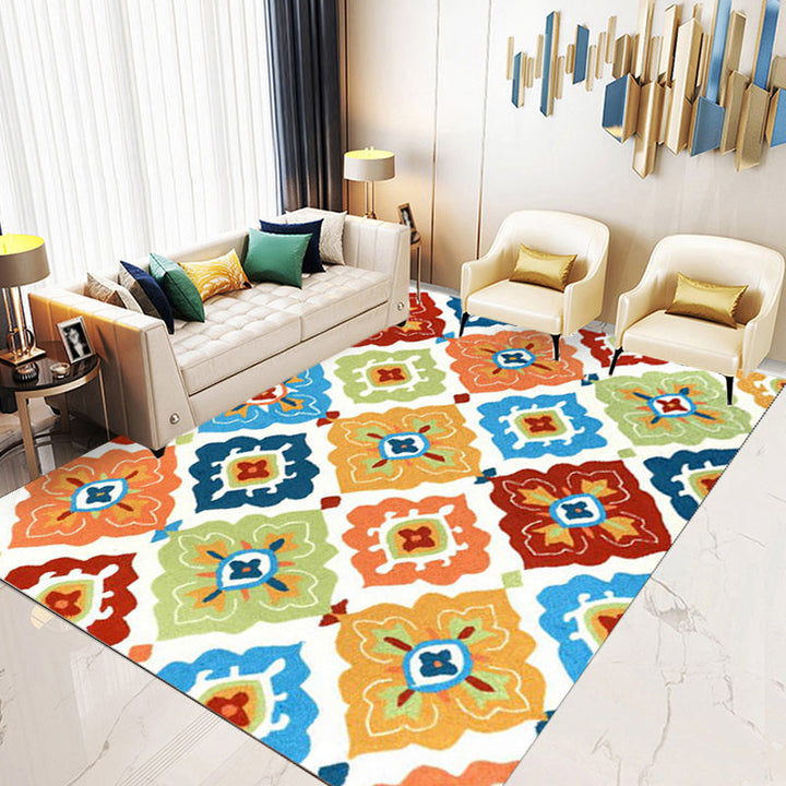 Retro Azulejo Pattern Carpet Multicolored Polyester Carpet Washable Pet-friendly Non-slip Carpet for the Living Room | Bowlift