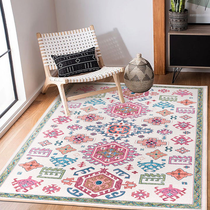 White and pink bohemian rug polyester floral pattern rug pet-friendly washable non-slip backing rug for decoration | Bowlift