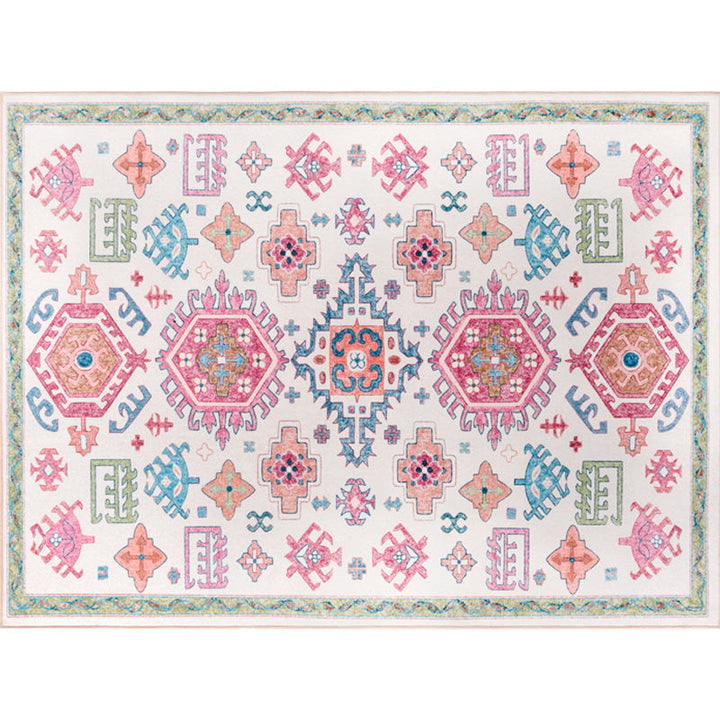 BowLift | White and pink Bohemian rug Polyester floral pattern pet-friendly washable non-slip backing rug for decoration