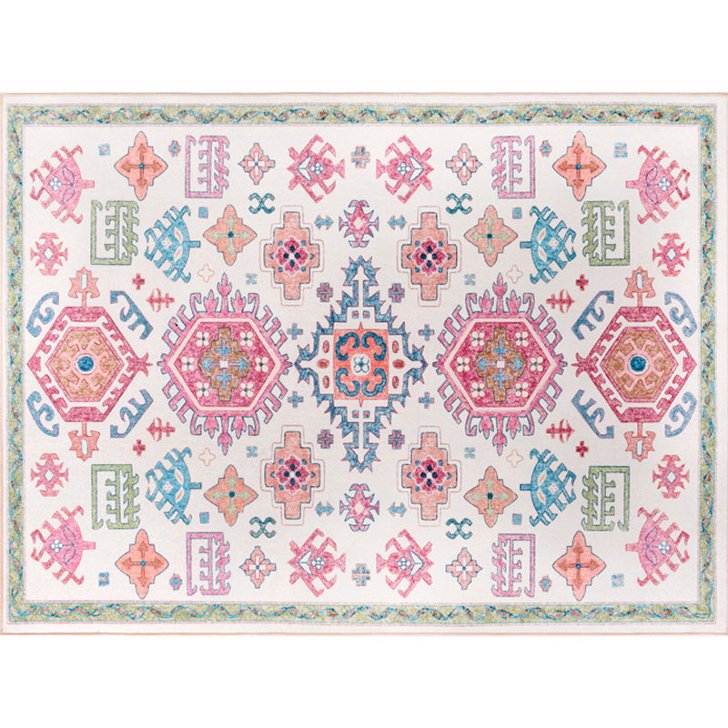 White and pink bohemian rug polyester floral pattern rug pet-friendly washable non-slip backing rug for decoration | Bowlift