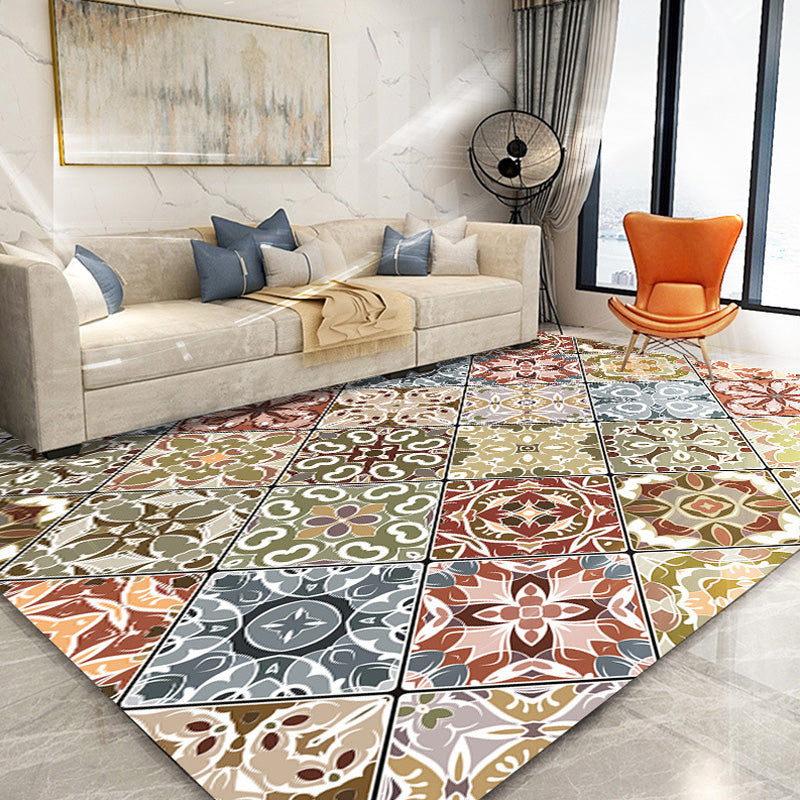 BowLift | Moroccan Azulejo Pattern Carpet Black Multicolor Polyester Carpet Washable Pet Friendly Non-Slip Carpet for Living Room