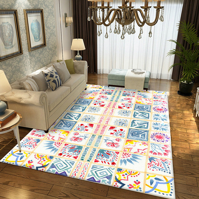 Moroccan azulejo pattern rug Multicolored polyester rug washable pet-friendly non-slip area rug for the living room | Bowlift