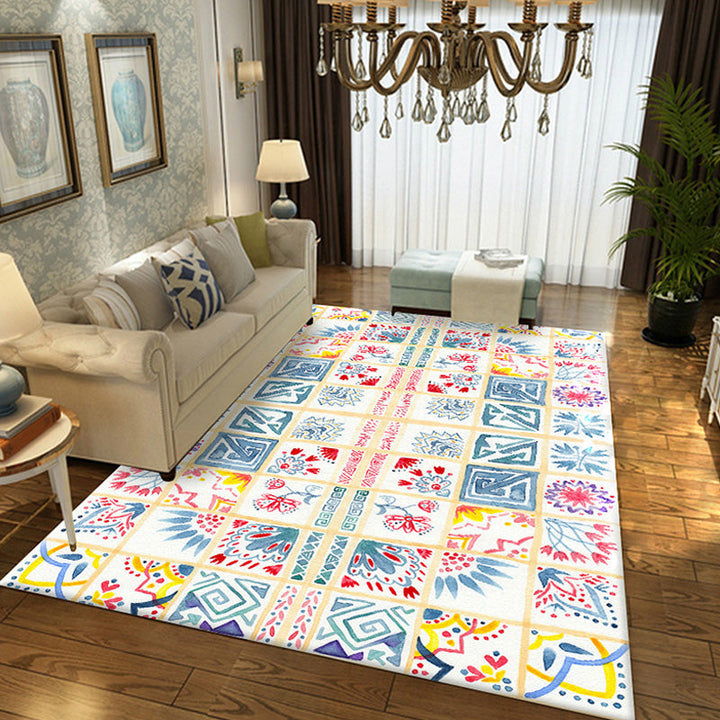 Moroccan azulejo pattern rug Multicolored polyester rug washable pet-friendly non-slip area rug for the living room | Bowlift