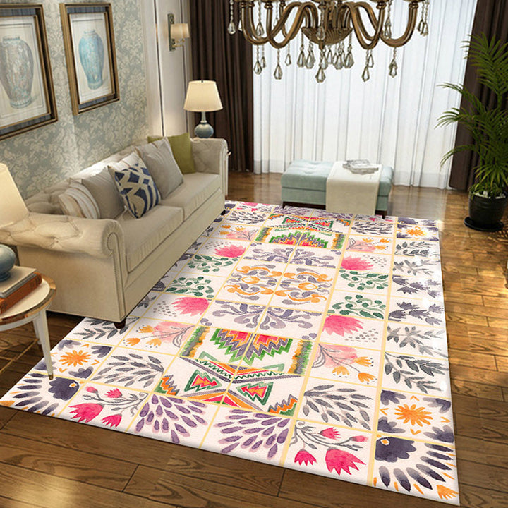 Moroccan azulejo pattern rug Multicolored polyester rug washable pet-friendly non-slip area rug for the living room | Bowlift