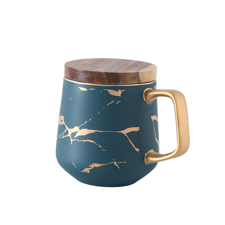 Marble Matte Gold Coffee Cup Japanese Black and White Gold Ceramic Tea Cup Mug with Wood Plate Cup and Saucer