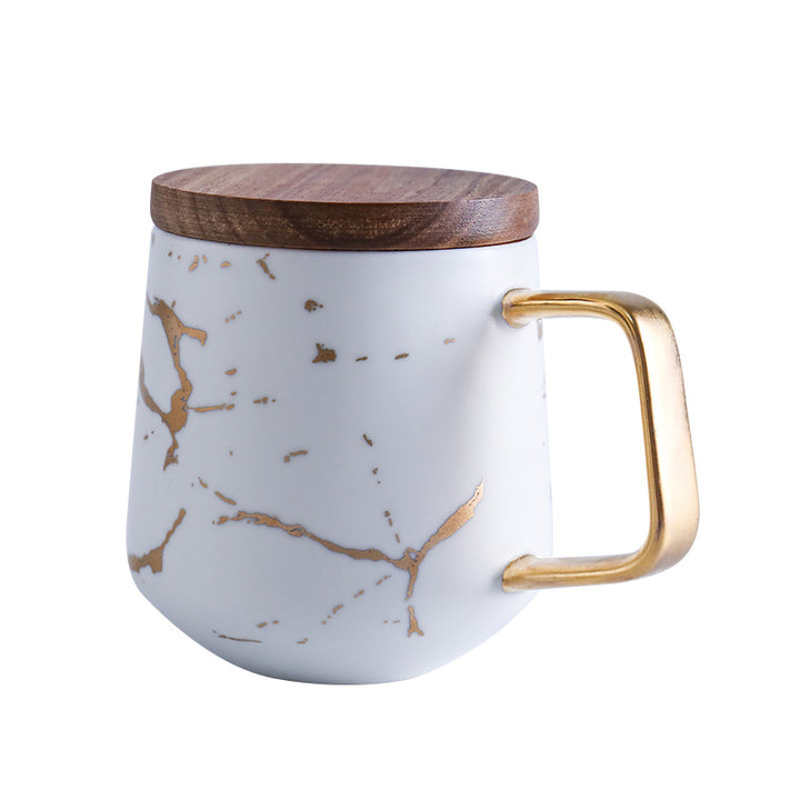 Marble Matte Gold Coffee Cup Japanese Black and White Gold Ceramic Tea Cup Mug with Wood Plate Cup and Saucer