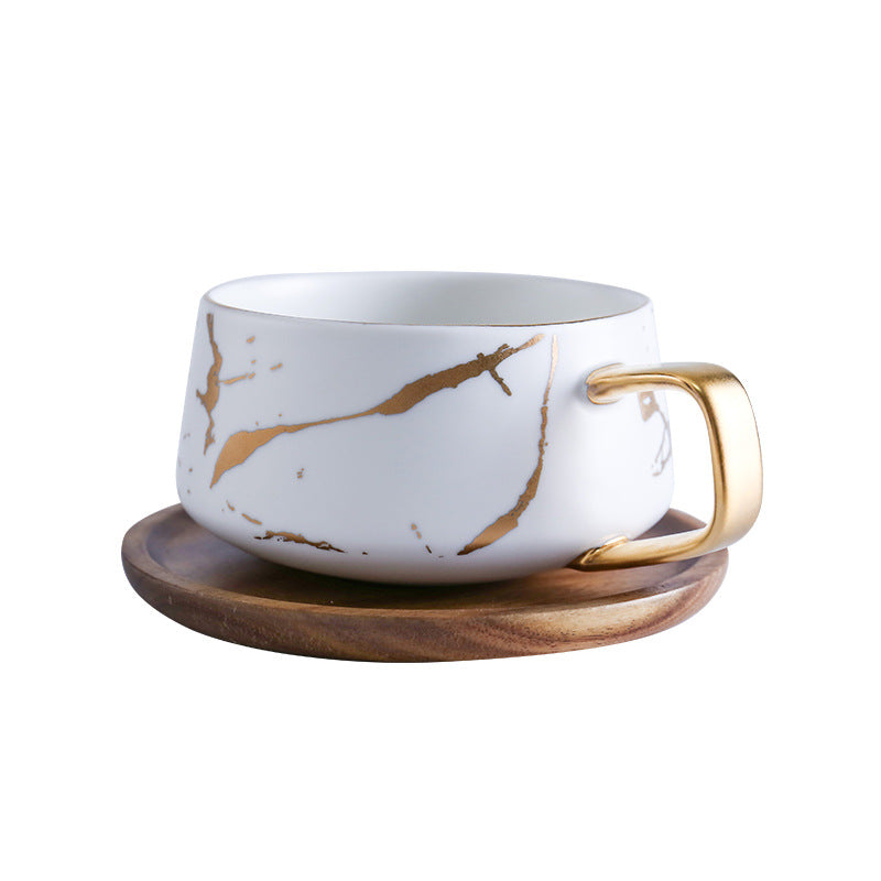 Marble Matte Gold Coffee Cup Japanese Black and White Gold Ceramic Tea Cup Mug with Wood Plate Cup and Saucer