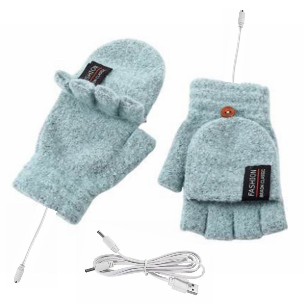 Winter half finger gloves monochrome flip winter wool warm half gray open finger gloves for men and women USB heating