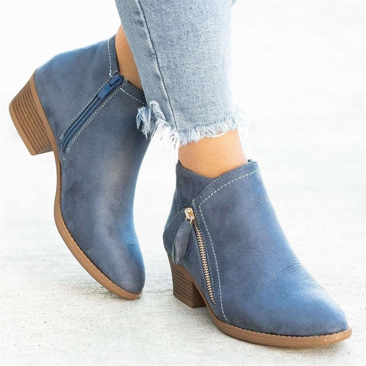 BowLift 丨 Women's Large Size Suede Martin Ankle Boots Low Thick Heel Side Zipper Rubber Sole