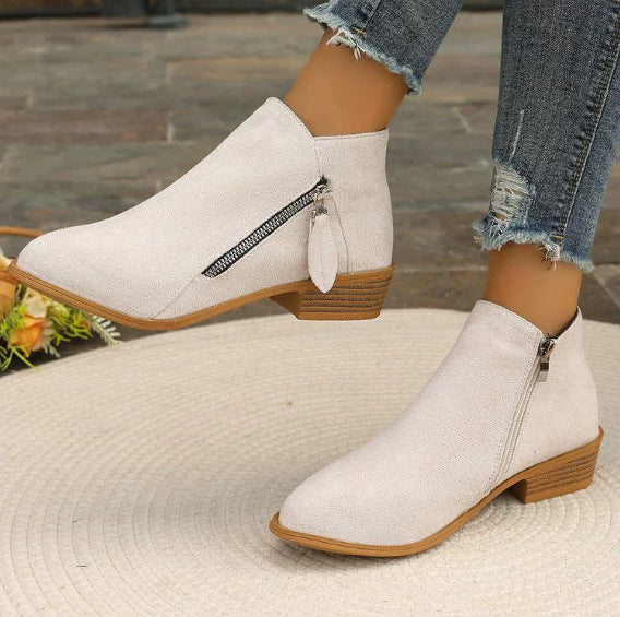 BowLift 丨 Women's Large Size Suede Martin Ankle Boots Low Thick Heel Side Zipper Rubber Sole