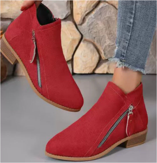 BowLift 丨 Women's Large Size Suede Martin Ankle Boots Low Thick Heel Side Zipper Rubber Sole