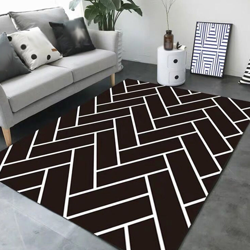 Stylish black modernist rug polyester geometric and striped pattern rug washable pet-friendly non-slip rug for the living room | Bowlift