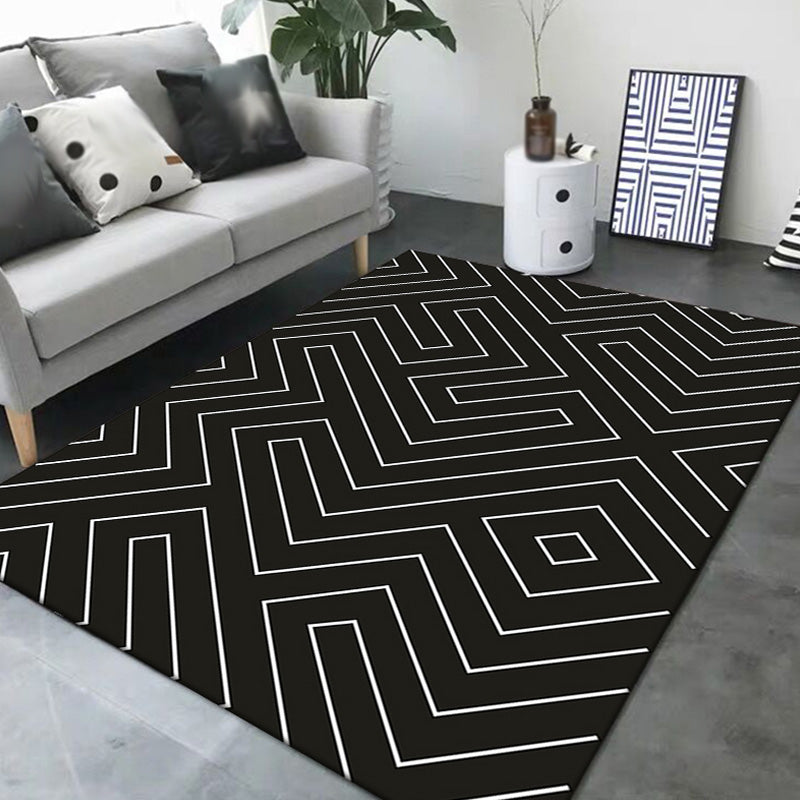 Stylish black modernist rug polyester geometric and striped pattern rug washable pet-friendly non-slip rug for the living room | Bowlift