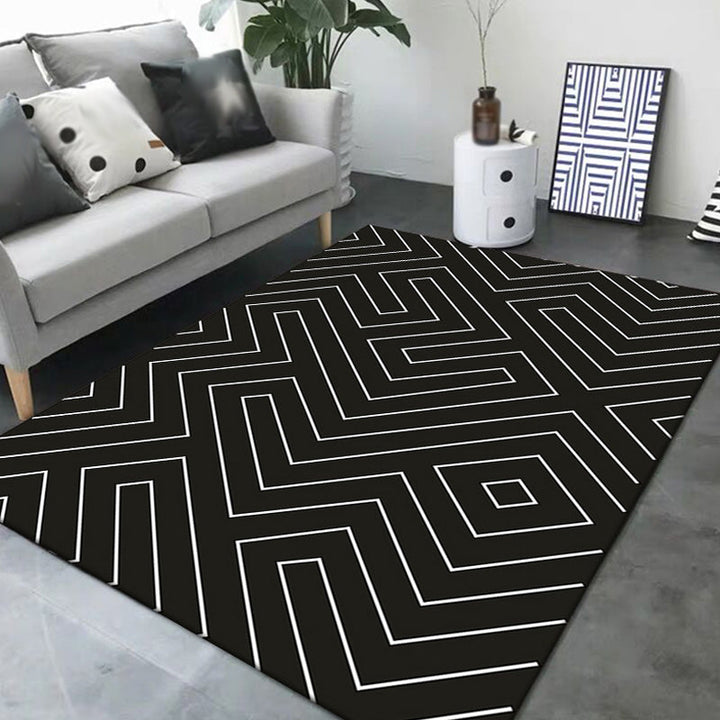 Stylish black modernist rug polyester geometric and striped pattern rug washable pet-friendly non-slip rug for the living room | Bowlift